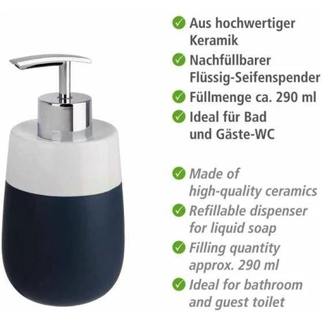 WENKO Distributeur Savon Liquide, Malta, Capacité 290 Ml, Céramique, 7,5x15x8 Cm, Bleu Foncé/blanc - Bleu - Bleu Foncé 4 WENKO Distributeur Savon Liquide, Malta, Capacité 290 Ml, Céramique, 7,5x15x8 Cm, Bleu Foncé/blanc - Bleu - Bleu Foncé – Image 2