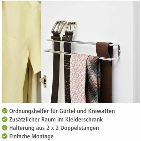 WENKO Porte Ceinture Et Rangement Cravate Mural, Accessoire Dressing Rangement, Métal, 36x5x4.5 Cm, Argent - Argent Brillant 4 WENKO Porte Ceinture Et Rangement Cravate Mural, Accessoire Dressing Rangement, Métal, 36x5x4.5 Cm, Argent - Argent Brillant – Image 2