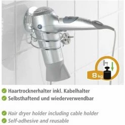WENKO Porte Sèche Cheveux Mural, Support Sèche Cheveux Mural Sans Perçage Static-Loc®, Osimo, Acier, 14x12x11 Cm, Brillant - Chromé -WENKO Soldes 6578004 3