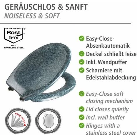 WENKO Abattant WC Avec Frein De Chute Premium Ottana Granit, Abattant WC Clipsable Avec Fixation En Acier Inox, Fix-Clip, Duroplast, 37.5 X 44.5 Cm, Granit - Gris 4 WENKO Abattant WC Avec Frein De Chute Premium Ottana Granit, Abattant WC Clipsable Avec Fixation En Acier Inox, Fix-Clip, Duroplast, 37.5 X 44.5 Cm, Granit - Gris – Image 2