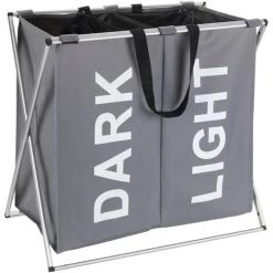 WENKO Panier à Linge Pliant Duo "Dark & Light", Panier à Linge 2 Compartiments Avec Poignée De Transport, Capacité 120L, Polyester - Aluminium, 59x57x38 Cm, Gris