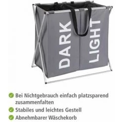WENKO Panier à Linge Pliant Duo "Dark & Light", Panier à Linge 2 Compartiments Avec Poignée De Transport, Capacité 120L, Polyester - Aluminium, 59x57x38 Cm, Gris 8 WENKO Panier à Linge Pliant Duo "Dark & Light", Panier à Linge 2 Compartiments Avec Poignée De Transport, Capacité 120L, Polyester - Aluminium, 59x57x38 Cm, Gris -WENKO Soldes 6578101 3