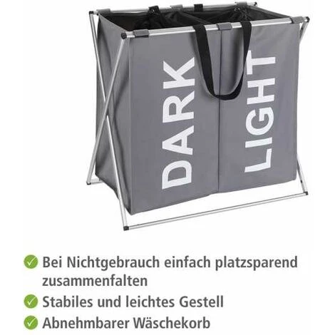 WENKO Panier à Linge Pliant Duo "Dark & Light", Panier à Linge 2 Compartiments Avec Poignée De Transport, Capacité 120L, Polyester - Aluminium, 59x57x38 Cm, Gris 5 WENKO Panier à Linge Pliant Duo "Dark & Light", Panier à Linge 2 Compartiments Avec Poignée De Transport, Capacité 120L, Polyester - Aluminium, 59x57x38 Cm, Gris – Image 3