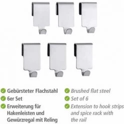 WENKO Crochet Acier Inox Pour Barre De Crédence Premium, Crochet Ustensile Cuisine Suspension Murale, Lot De 6, Acier Inox, 2x4x2,5 Cm, Argent - Argent Mat 9 WENKO Crochet Acier Inox Pour Barre De Crédence Premium, Crochet Ustensile Cuisine Suspension Murale, Lot De 6, Acier Inox, 2x4x2,5 Cm, Argent - Argent Mat -WENKO Soldes 6578102 3