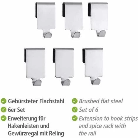 WENKO Crochet Acier Inox Pour Barre De Crédence Premium, Crochet Ustensile Cuisine Suspension Murale, Lot De 6, Acier Inox, 2x4x2,5 Cm, Argent - Argent Mat 5 WENKO Crochet Acier Inox Pour Barre De Crédence Premium, Crochet Ustensile Cuisine Suspension Murale, Lot De 6, Acier Inox, 2x4x2,5 Cm, Argent - Argent Mat – Image 3