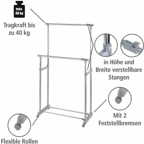 WENKO Portant Vêtements Double, Portant Vêtement Sur Roulettes, Twin Bars 4 WENKO Portant Vêtements Double, Portant Vêtement Sur Roulettes, Twin Bars – Image 2