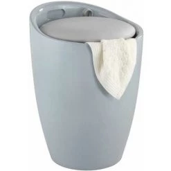 WENKO Tabouret Panier à Linge, Coffre à Linge Et Tabouret Salle De Bain Candy, Coussin Amovible, Plastique, 20 Litres, Ø 36x50,5 Cm, Gris - Gris