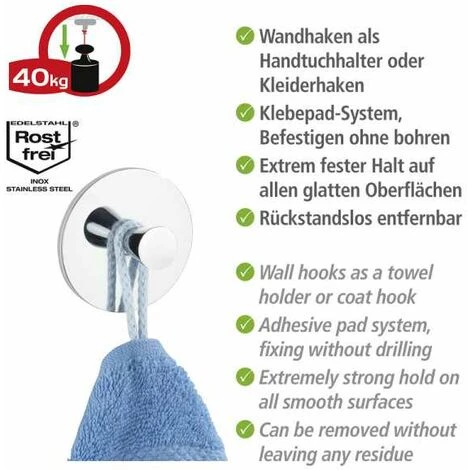 WENKO Crochet Mural Porte Serviettes Pisa, Turbo-Loc® Fixation Sans Perçage, Zinc, 6x6 Cm, Brillant - Brillant 5 WENKO Crochet Mural Porte Serviettes Pisa, Turbo-Loc® Fixation Sans Perçage, Zinc, 6x6 Cm, Brillant - Brillant – Image 3