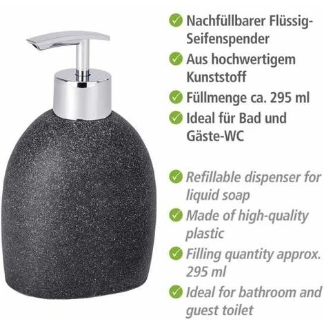 WENKO Distributeur Savon Liquide Puro, Effet Sable, Capacité 295 Ml, Polyrésine, 9,4x15,2x6,5 Cm, Anthracite - Gris - Anthracite 4 WENKO Distributeur Savon Liquide Puro, Effet Sable, Capacité 295 Ml, Polyrésine, 9,4x15,2x6,5 Cm, Anthracite - Gris - Anthracite – Image 2