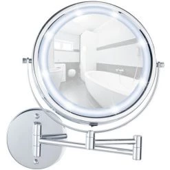 WENKO Miroir Grossissant X5 Avec Bras Télescopique Lumi, Miroir Maquillage LED Mural Sans Perçage Power-Loc®, Ø 17,5 Cm, Acier, 25,5x32x4-35 Cm, Chromé - Chromé