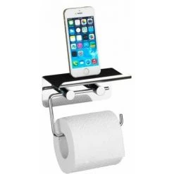 WENKO Porte Papier Toilette Mural Avec Support Smartphone, Support Papier Toilette Fixation Sans Perçage, Acier Inox, 14x11,5x7 Cm, Brillant - Brillant