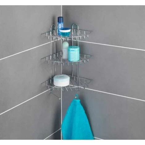 WENKO Etagère D'angle De Douche, 3 Paniers De Douche D'angle Et 2 Crochets Suspensions, Fixation Murale, Acier, 30x44x27 Cm, Brillant - Chromé 5 WENKO Etagère D'angle De Douche, 3 Paniers De Douche D'angle Et 2 Crochets Suspensions, Fixation Murale, Acier, 30x44x27 Cm, Brillant - Chromé – Image 3