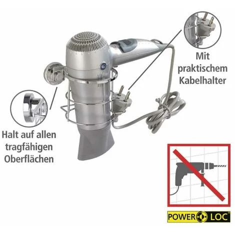 WENKO Porte Sèche Cheveux Mural, Support Sèche Cheveux Sans Perçage Power-Loc®, Bovino, Acier Inox, 13x8,5x11,5 Cm, Brillant - Brillant 6 WENKO Porte Sèche Cheveux Mural, Support Sèche Cheveux Sans Perçage Power-Loc®, Bovino, Acier Inox, 13x8,5x11,5 Cm, Brillant - Brillant – Image 4