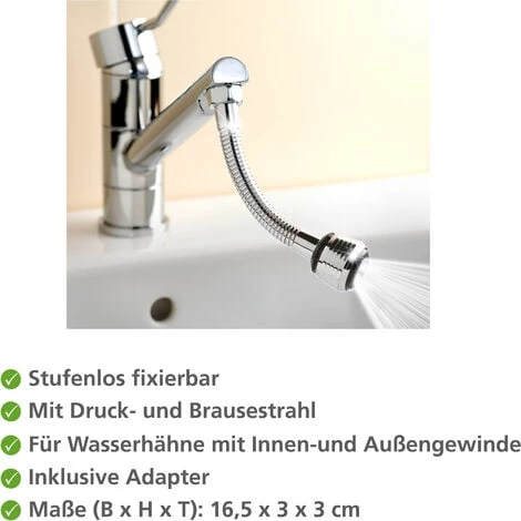 WENKO Flexible Robinet, Rallonge Robinet Cuisine, Avec Adaptateur Pour Filetage Intérieur Et Joint, Idéal Cuisine Et Salle De Bain, Acier Inoxydable, 16,5x3x3 Cm, Brillant - Argent 4 WENKO Flexible Robinet, Rallonge Robinet Cuisine, Avec Adaptateur Pour Filetage Intérieur Et Joint, Idéal Cuisine Et Salle De Bain, Acier Inoxydable, 16,5x3x3 Cm, Brillant - Argent – Image 2