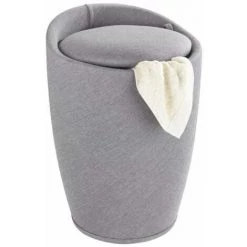WENKO Tabouret Panier à Linge, Coffre à Linge Et Tabouret Salle De Bain Candy, Coussin Amovible, Aspect Lin, 20 Litres, Plastique, Ø 36x50,5 Cm, Gris Clair - Gris