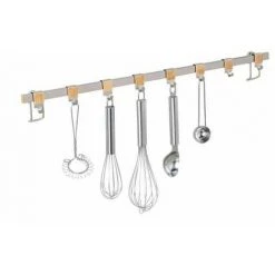 WENKO Barre De Crédence Cuisine Premium Porte Ustensiles De Cuisine Mural Avec 8 Crochets En Acier Inox, Métal - Bambou, 60x4x2,5 Cm, Argent - Marron