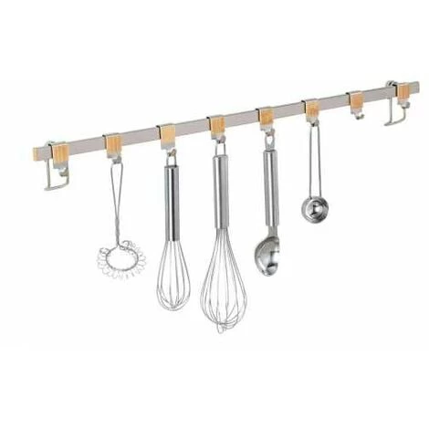 WENKO Barre De Crédence Cuisine Premium Porte Ustensiles De Cuisine Mural Avec 8 Crochets En Acier Inox, Métal - Bambou, 60x4x2,5 Cm, Argent - Marron 3 WENKO Barre De Crédence Cuisine Premium Porte Ustensiles De Cuisine Mural Avec 8 Crochets En Acier Inox, Métal - Bambou, 60x4x2,5 Cm, Argent - Marron