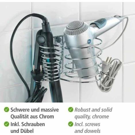 WENKO Porte Sèche Cheveux Et Lisseur, Support Mural Sèche Cheveux Et Lisseur, Milano, Acier, 21x11,5x12 Cm, Brillant - Chromé 5 WENKO Porte Sèche Cheveux Et Lisseur, Support Mural Sèche Cheveux Et Lisseur, Milano, Acier, 21x11,5x12 Cm, Brillant - Chromé – Image 3