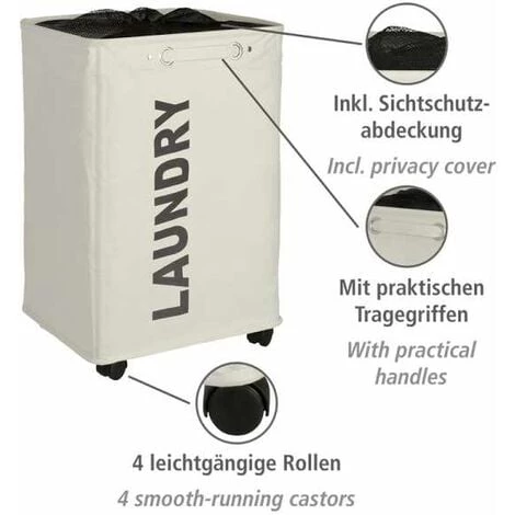 WENKO Panier à Linge Quadro "Laundry", Panier à Linge à Roulettes Et Poignée De Transport, Capacité 79L, Polyester, 140x60x33 Cm, Beige - Beige 4 WENKO Panier à Linge Quadro "Laundry", Panier à Linge à Roulettes Et Poignée De Transport, Capacité 79L, Polyester, 140x60x33 Cm, Beige - Beige – Image 2