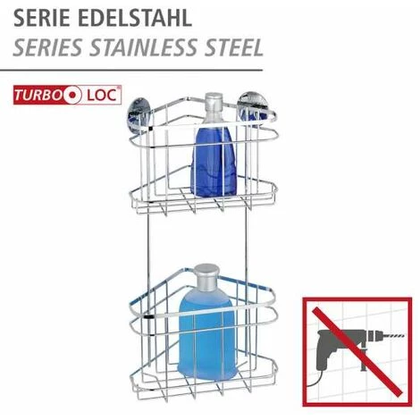 WENKO Etagère D'angle Douche, étagère Angle Salle De Bain 2 Niveaux, Fixation Sans Perçage Turbo-Loc®, Acier Inox, 22,5x47,5x15,5 Cm, Brillant - Brillant 4 WENKO Etagère D'angle Douche, étagère Angle Salle De Bain 2 Niveaux, Fixation Sans Perçage Turbo-Loc®, Acier Inox, 22,5x47,5x15,5 Cm, Brillant - Brillant – Image 2