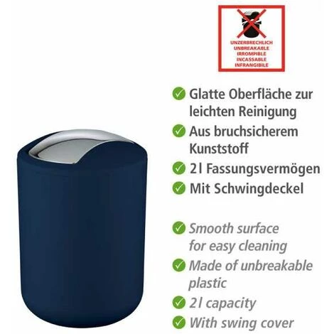 WENKO Mini Poubelle Salle De Bain, Poubelle à Couvercle Basculant Brasil, 2L, Plastique, 14x21x14 Cm, Bleu Foncé - Bleu - Bleu Foncé 4 WENKO Mini Poubelle Salle De Bain, Poubelle à Couvercle Basculant Brasil, 2L, Plastique, 14x21x14 Cm, Bleu Foncé - Bleu - Bleu Foncé – Image 2