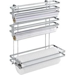 WENKO Distributeur Sopalin Mural Style 3en1, Distributeur Film Alimentaire, Papier Aluminium Et Dévidoir Essuie Tout Mural, Métal, 32x33x13 Cm, Argent