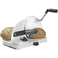 WENKO Trancheuse à Pain Manuelle, épaisseur De Découpe Réglable, Couteau Acier Inox - Plastique, 39x20x31 Cm, Blanc - Argent