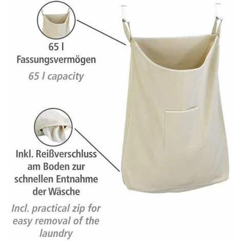 WENKO Panier à Linge Mural Canguro, Panier à Linge Suspendu, Capacité 65L, 100% Coton - Crochet En Acier Inoxydable, 52x81x10 Cm, Beige 4 WENKO Panier à Linge Mural Canguro, Panier à Linge Suspendu, Capacité 65L, 100% Coton - Crochet En Acier Inoxydable, 52x81x10 Cm, Beige – Image 2
