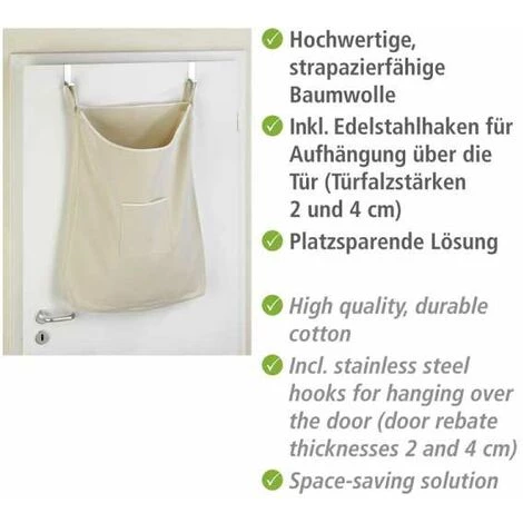 WENKO Panier à Linge Mural Canguro, Panier à Linge Suspendu, Capacité 65L, 100% Coton - Crochet En Acier Inoxydable, 52x81x10 Cm, Beige 5 WENKO Panier à Linge Mural Canguro, Panier à Linge Suspendu, Capacité 65L, 100% Coton - Crochet En Acier Inoxydable, 52x81x10 Cm, Beige – Image 3