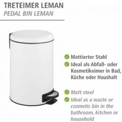 WENKO Poubelle Salle De Bain Leman 12L, Poubelle à Pédale Avec Frein De Chute Easy Close, Acier Inox, 25x38x32cm, Blanc - Blanc -WENKO Soldes 6578615 3