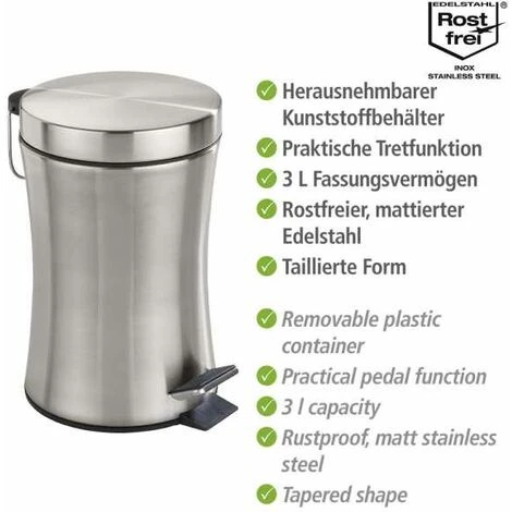 WENKO Petite Poubelle Salle De Bain, Poubelle Avec Mécanisme à Pédale, Pieno, Capacité 3L, Acier Inox, 17x25,5x23,5 Cm, Mat - Satiné 5 WENKO Petite Poubelle Salle De Bain, Poubelle Avec Mécanisme à Pédale, Pieno, Capacité 3L, Acier Inox, 17x25,5x23,5 Cm, Mat - Satiné – Image 3