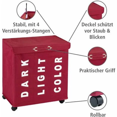 WENKO Panier à Linge Trivo, Panier à Linge 3 Compartiments, Capacité 116L, Polyester, 56x60x35 Cm, Rouge 4 WENKO Panier à Linge Trivo, Panier à Linge 3 Compartiments, Capacité 116L, Polyester, 56x60x35 Cm, Rouge – Image 2