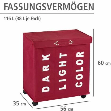 WENKO Panier à Linge Trivo, Panier à Linge 3 Compartiments, Capacité 116L, Polyester, 56x60x35 Cm, Rouge 6 WENKO Panier à Linge Trivo, Panier à Linge 3 Compartiments, Capacité 116L, Polyester, 56x60x35 Cm, Rouge – Image 4