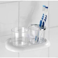 WENKO Porte Brosse à Dent Mural Double, Gobelet Salle De Bain En Plastique Transparent Avec Fixation Murale Plastique, 20x10x12 Cm, Blanc - Blanc -WENKO Soldes 6578768 2