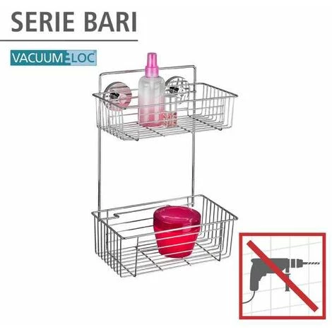 WENKO Etagère Murale Salle De Bain Sans Perçage Bari, 2 Paniers De Douche, Fixation Sans Perçage Vacuum-Loc®, Repositionnable Sans Laisser De Trace, Acier, 26x38x17 Cm, Chromé - Chromé 4 WENKO Etagère Murale Salle De Bain Sans Perçage Bari, 2 Paniers De Douche, Fixation Sans Perçage Vacuum-Loc®, Repositionnable Sans Laisser De Trace, Acier, 26x38x17 Cm, Chromé - Chromé – Image 2