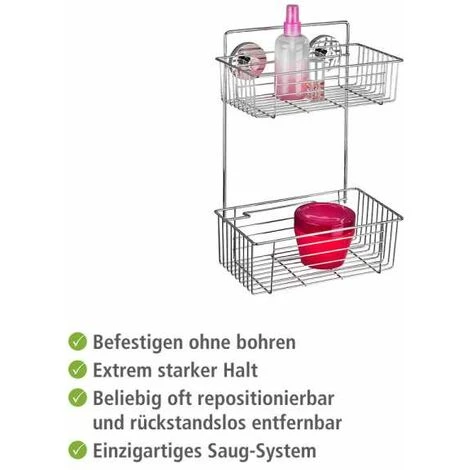 WENKO Etagère Murale Salle De Bain Sans Perçage Bari, 2 Paniers De Douche, Fixation Sans Perçage Vacuum-Loc®, Repositionnable Sans Laisser De Trace, Acier, 26x38x17 Cm, Chromé - Chromé 6 WENKO Etagère Murale Salle De Bain Sans Perçage Bari, 2 Paniers De Douche, Fixation Sans Perçage Vacuum-Loc®, Repositionnable Sans Laisser De Trace, Acier, 26x38x17 Cm, Chromé - Chromé – Image 4