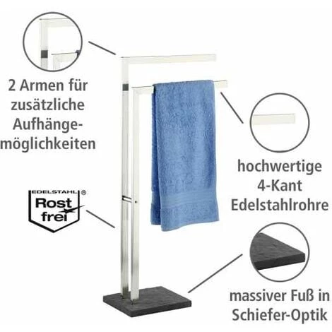 WENKO Porte Serviettes Salle De Bain Sur Pied, 2 Barres Porte Serviette, Slate Rock, Base Polyrésine Effet Ardoise - Acier Inox, 43,5x86,5x20 Cm, Mat 5 WENKO Porte Serviettes Salle De Bain Sur Pied, 2 Barres Porte Serviette, Slate Rock, Base Polyrésine Effet Ardoise - Acier Inox, 43,5x86,5x20 Cm, Mat – Image 3