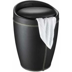WENKO Tabouret Panier à Linge, Coffre à Linge Et Tabouret Salle De Bain Candy, Coussin Amovible, Similicuir, 20 Litres, Plastique, Ø 36x50,5 Cm, Noir - Noir
