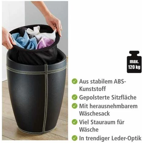 WENKO Tabouret Panier à Linge, Coffre à Linge Et Tabouret Salle De Bain Candy, Coussin Amovible, Similicuir, 20 Litres, Plastique, Ø 36x50,5 Cm, Noir - Noir 4 WENKO Tabouret Panier à Linge, Coffre à Linge Et Tabouret Salle De Bain Candy, Coussin Amovible, Similicuir, 20 Litres, Plastique, Ø 36x50,5 Cm, Noir - Noir – Image 2