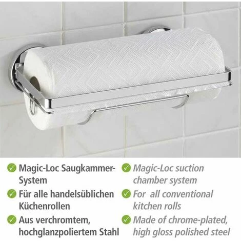 WENKO Porte Essuie-tout Mural Sans Perçage, Porte Sopalin Mural Fixation Sans Perçage Magic-Loc®, Métal, 28x14x20 Cm, Brillant - Argent Brillant 5 WENKO Porte Essuie-tout Mural Sans Perçage, Porte Sopalin Mural Fixation Sans Perçage Magic-Loc®, Métal, 28x14x20 Cm, Brillant - Argent Brillant – Image 3