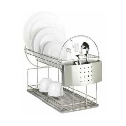 WENKO Égouttoir Vaisselle Inox Exclusif Duo, Egouttoir Vaisselle Avec Panier Couvert, Acier Inox, 21x33x49 Cm, Brillant - Argent Mat