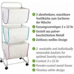 WENKO Chariot à Linge Escala, Panier à Linge 3 Compartiments, Capacité 99L, Métal - Polyester, 46x126x44 Cm, Blanc -WENKO Soldes 6579068 3