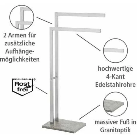 WENKO Porte Serviettes Salle De Bain Sur Pied, 2 Barres Porte Serviette, Granit, Base Polyrésine Effet Granit - Acier Inox, 43,5x86,5x20 Cm, Mat 5 WENKO Porte Serviettes Salle De Bain Sur Pied, 2 Barres Porte Serviette, Granit, Base Polyrésine Effet Granit - Acier Inox, 43,5x86,5x20 Cm, Mat – Image 3