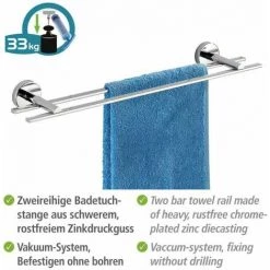 WENKO Porte Serviette Salle De Bain Mural Duo Capri, 2 Barres Porte-serviettes Vacuum-Loc® Fixation Sans Perçage, Repositionnable Sans Laisser De Trace, Zinc Inoxydable, 58,5x6x12 Cm, Brillant -WENKO Soldes 6579092 4