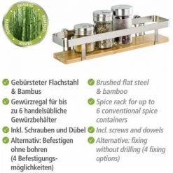 WENKO Etagère à Epices Murale Premium, Etagère Murale Cuisine Fixation Sans Perçage Possible Avec Adaptateur Loc, Métal - Bambou, 30x5,5x7 Cm, Brillant - Marron - Argent Mat 10 WENKO Etagère à Epices Murale Premium, Etagère Murale Cuisine Fixation Sans Perçage Possible Avec Adaptateur Loc, Métal - Bambou, 30x5,5x7 Cm, Brillant - Marron - Argent Mat -WENKO Soldes 6579115 4