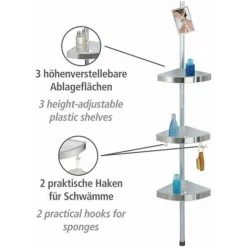 WENKO Étagère D'angle De Douche Télescopique Premium, 3 Paniers De Douche Fixation Sans Perçage, Fixation Par Torsion Et Réglable En Hauteur, Aluminium - Plastique, 27,5x70-260x20 Cm, Mat -WENKO Soldes 6579136 3