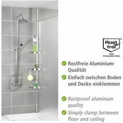 WENKO Étagère D'angle De Douche Télescopique Premium, 3 Paniers De Douche Fixation Sans Perçage, Fixation Par Torsion Et Réglable En Hauteur, Aluminium - Plastique, 27,5x70-260x20 Cm, Mat -WENKO Soldes 6579136 5