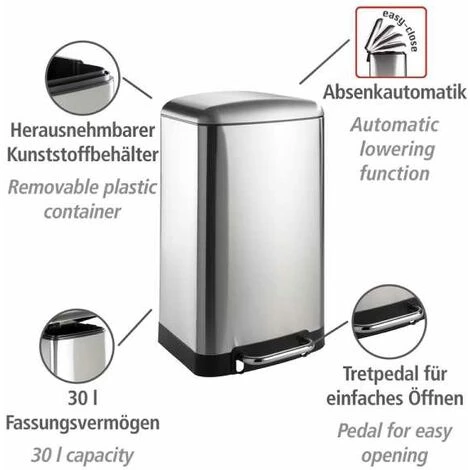WENKO Poubelle Cuisine 30L Studio, Poubelle Cuisine à Pédale Avec Frein De Chute Easy-Close, Antitrace De Doigts, Acier Inox, 34x61x32,5 Cm, Mat - Satiné 4 WENKO Poubelle Cuisine 30L Studio, Poubelle Cuisine à Pédale Avec Frein De Chute Easy-Close, Antitrace De Doigts, Acier Inox, 34x61x32,5 Cm, Mat - Satiné – Image 2