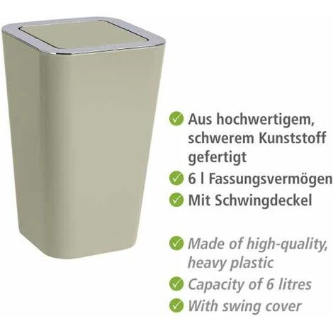WENKO Poubelle Salle De Bain, Poubelle à Couvercle Basculant, Candy, Plastique, 6L, 18x28,5x18 Cm, Taupe - Gris - Taupe 4 WENKO Poubelle Salle De Bain, Poubelle à Couvercle Basculant, Candy, Plastique, 6L, 18x28,5x18 Cm, Taupe - Gris - Taupe – Image 2
