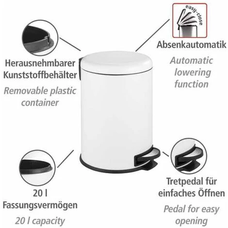 WENKO Poubelle Salle De Bain Leman 20L, Poubelle à Pédale Avec Frein De Chute Easy Close, Acier Inox, 30,5x44x37,5 Cm, Blanc - Blanc 4 WENKO Poubelle Salle De Bain Leman 20L, Poubelle à Pédale Avec Frein De Chute Easy Close, Acier Inox, 30,5x44x37,5 Cm, Blanc - Blanc – Image 2
